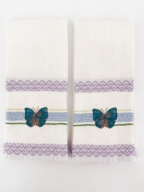 2 Yves Delorme Tea Dish Towel Embroidered Butterfly
